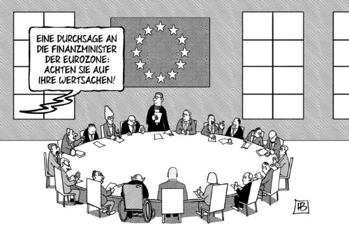 Cartoon: Wertsachen (medium) by Harm Bengen tagged durchsage,finanzminister,eurozone,wertsachen,schaeuble,varoufakis,europa,eu,griechenland,syriza,harm,bengen,cartoon,karikatur