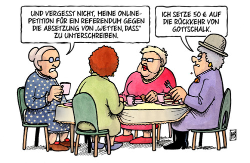 Cartoon: Wetten-Dass-Absetzung (medium) by Harm Bengen tagged karikatur,cartoon,bengen,harm,samstag,unterhaltung,fernsehen,tv,gottschalk,lanz,unterschreiben,gegen,referendum,petition,online,absetzung,dass,wetten,wetten,dass,absetzung,online,petition,referendum,gegen,unterschreiben,lanz,gottschalk,tv,fernsehen,unterhaltung,samstag,harm,bengen,cartoon,karikatur