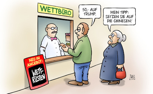 Cartoon: Wettrüsten (medium) by Harm Bengen tagged wettbüro,angebot,wettrüsten,abrüstung,inf,vertrag,wetten,trump,chinesen,china,usa,russland,susemil,harm,bengen,cartoon,karikatur,wettbüro,angebot,wettrüsten,abrüstung,inf,vertrag,wetten,trump,chinesen,china,usa,russland,susemil,harm,bengen,cartoon,karikatur