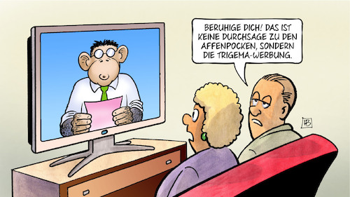 Cartoon: WHO-Affenpockenwarnung (medium) by Harm Bengen tagged tv,durchsage,affenpocken,trigema,werbung,affe,who,pandemie,harm,bengen,cartoon,karikatur,tv,durchsage,affenpocken,trigema,werbung,affe,who,pandemie,harm,bengen,cartoon,karikatur