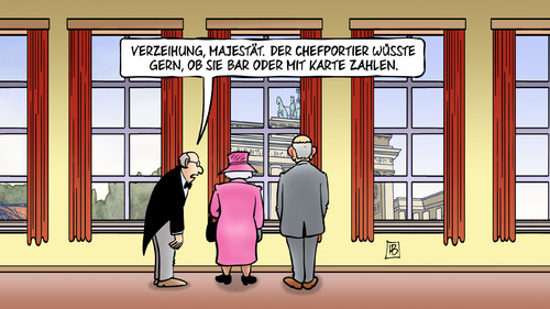 Cartoon: Wie zahlt die Queen (medium) by Harm Bengen tagged verzeihung,majestät,queen,besuch,königin,elisabeth,chefportier,hotel,zahlung,karte,bar,harm,bengen,cartoon,karikatur,verzeihung,majestät,queen,besuch,königin,elisabeth,chefportier,hotel,zahlung,karte,bar,harm,bengen,cartoon,karikatur