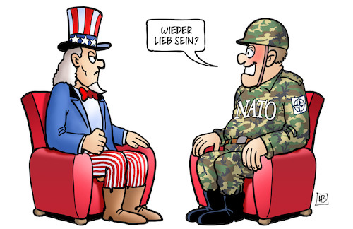 Cartoon: Wieder lieb sein (medium) by Harm Bengen tagged wieder,lieb,sein,usa,nato,verteidigungsausgaben,kosten,streit,trump,biden,sessel,uncle,sam,uniform,harm,bengen,cartoon,karikatur,wieder,lieb,sein,usa,nato,verteidigungsausgaben,kosten,streit,trump,biden,sessel,uncle,sam,uniform,harm,bengen,cartoon,karikatur