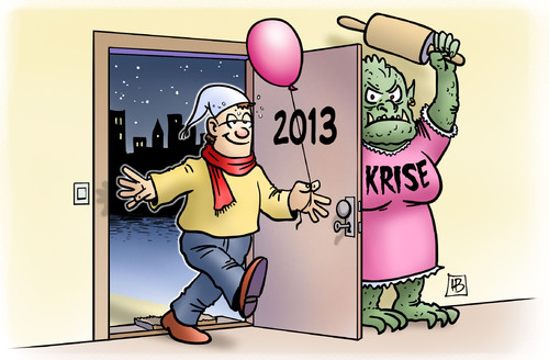 Cartoon: Willkommen in 2013 (medium) by Harm Bengen tagged willkommen,2013,neujahr,silvester,betruken,krise,nudelholz,harm,bengen,cartoon,karikatur,willkommen,2013,neujahr,silvester,betruken,krise,nudelholz,harm,bengen,cartoon,karikatur