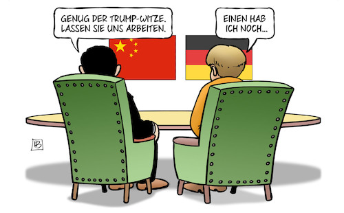 Cartoon: Witze in China (medium) by Harm Bengen tagged trump,witze,china,xi,merkel,staatsbesuch,handelsbeziehungen,usa,deutschland,export,import,harm,bengen,cartoon,karikatur,trump,witze,china,xi,merkel,staatsbesuch,handelsbeziehungen,usa,deutschland,export,import,harm,bengen,cartoon,karikatur