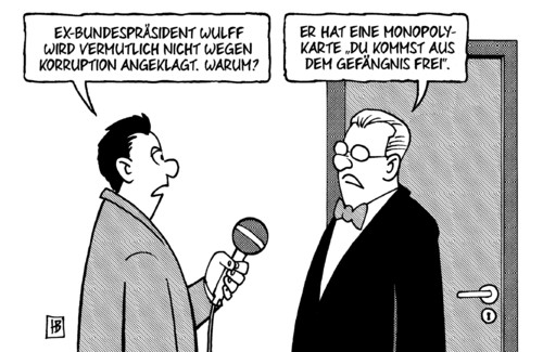 Cartoon: Wulff-Anklage (medium) by Harm Bengen tagged bundespräsident,wulff,korruption,angeklagt,anklage,monopoly,karte,du,kommst,aus,dem,gefängnis,frei,staatsanwaltschaft,groenewold,harm,bengen,cartoon,karikatur