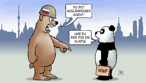 Cartoon: WWF-Agent (medium) by Harm Bengen tagged ausländischer,agent,klapse,bär,stahlhelm,panda,wwf,moskau,krieg,ukraine,russland,harm,bengen,cartoon,karikatur,ausländischer,agent,klapse,bär,stahlhelm,panda,wwf,moskau,krieg,ukraine,russland,harm,bengen,cartoon,karikatur