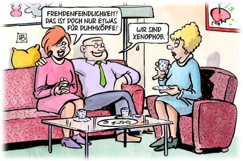 Cartoon: Xenophob (medium) by Harm Bengen tagged fremdenfeindlichkeit,xenophob,pegida,troeglitz,nazis,brandanschlag,flüchtlinge,asyl,harm,bengen,cartoon,karikatur,fremdenfeindlichkeit,xenophob,pegida,troeglitz,nazis,brandanschlag,flüchtlinge,asyl,harm,bengen,cartoon,karikatur