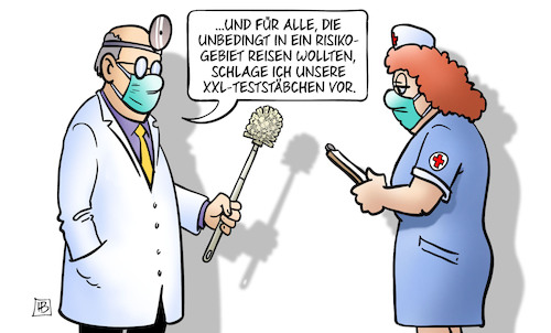 Cartoon: XXL-Teststäbchen (medium) by Harm Bengen tagged risikogebiet,reisen,xxl,teststäbchen,arzt,krankenschwester,maske,corona,pflichttest,harm,bengen,cartoon,karikatur,risikogebiet,reisen,xxl,teststäbchen,arzt,krankenschwester,maske,corona,pflichttest,harm,bengen,cartoon,karikatur