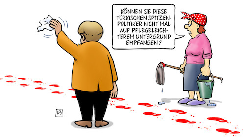 Cartoon: Yildirim-Besuch (medium) by Harm Bengen tagged yildirim,staatsbesuch,türkei,putzfrau,blut,untergrund,merkel,winken,harm,bengen,cartoon,karikatur,yildirim,staatsbesuch,türkei,putzfrau,blut,untergrund,merkel,winken,harm,bengen,cartoon,karikatur