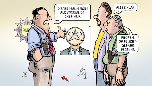 Cartoon: Zetsche hört auf (medium) by Harm Bengen tagged aufhören,wechsel,vorstandschef,aufsichtsrat,daimler,benz,mercedes,polizei,fluchtgefahr,agbasskandal,harm,bengen,cartoon,karikatur,aufhören,wechsel,vorstandschef,aufsichtsrat,daimler,benz,mercedes,polizei,fluchtgefahr,agbasskandal,harm,bengen,cartoon,karikatur