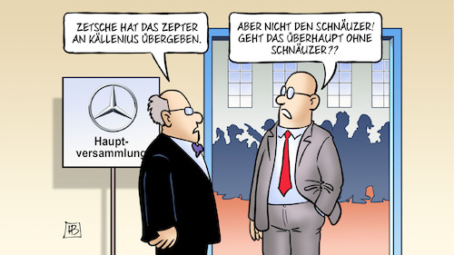 Cartoon: Zetsche tritt ab (medium) by Harm Bengen tagged hauptversammlung,daimler,mercedes,chef,zetsche,zepter,källenius,übergabe,schnäuzer,schnurrbart,manager,harm,bengen,cartoon,karikatur,hauptversammlung,daimler,mercedes,chef,zetsche,zepter,källenius,übergabe,schnäuzer,schnurrbart,manager,harm,bengen,cartoon,karikatur