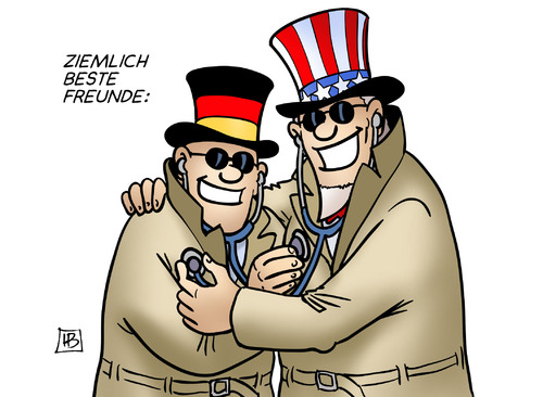 Cartoon: Ziemlich beste Freunde (medium) by Harm Bengen tagged freunde,cia,nsa,bnd,deutschland,usa,spionage,geheimdienst,untersuchungsausschuss,abhoeren,spitzel,harm,bengen,cartoon,karikatur,freunde,cia,nsa,bnd,deutschland,usa,spionage,geheimdienst,untersuchungsausschuss,abhoeren,spitzel,harm,bengen,cartoon,karikatur