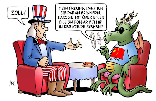 Cartoon: Zoll für China (medium) by Harm Bengen tagged zoll,china,usa,uncle,sam,drache,staatsschuldung,verschuldung,kredite,wirtschaft,harm,bengen,cartoon,karikatur,zoll,china,usa,uncle,sam,drache,staatsschuldung,verschuldung,kredite,wirtschaft,harm,bengen,cartoon,karikatur