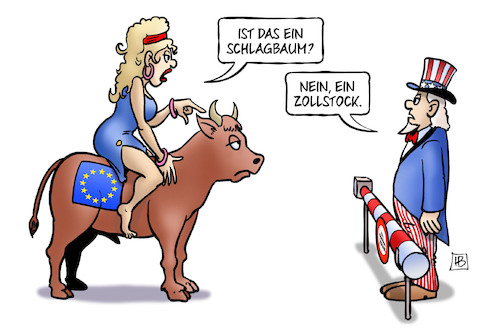 Cartoon: Zollstock (medium) by Harm Bengen tagged schlagbaum,zollstock,handelskrieg,handelsstreit,usa,europa,stier,grenze,uncle,sam,harm,bengen,cartoon,karikatur,schlagbaum,zollstock,handelskrieg,handelsstreit,usa,europa,stier,grenze,uncle,sam,harm,bengen,cartoon,karikatur