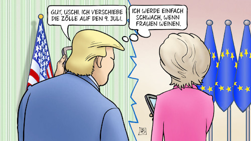 Cartoon: Zollverschiebung (medium) by Harm Bengen tagged uschi,trump,telefonat,telefon,handy,usa,eu,zölle,frauen,weinen,von,der,leyen,vdl,harm,bengen,cartoon,karikatur,uschi,trump,telefonat,telefon,handy,usa,eu,zölle,frauen,weinen,von,der,leyen,vdl,harm,bengen,cartoon,karikatur