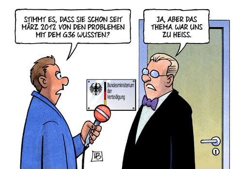 Cartoon: Zu heiss (medium) by Harm Bengen tagged märz,2012,probleme,g36,gewehr,sturmgewehr,demaiziere,leyen,verteidigungsminister,verteidigungsministerium,thema,heiss,interview,harm,bengen,cartoon,karikatur,märz,2012,probleme,g36,gewehr,sturmgewehr,demaiziere,leyen,verteidigungsminister,verteidigungsministerium,thema,heiss,interview,harm,bengen,cartoon,karikatur