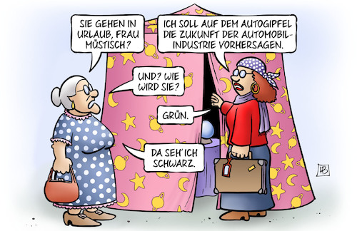 Cartoon: Zukunft Automobil (medium) by Harm Bengen tagged urlaub,muestisch,wahrsagerin,autogipfel,zukunft,automobilindustrie,voraussagen,grün,schwarz,susemil,harm,bengen,cartoon,karikatur,urlaub,muestisch,wahrsagerin,autogipfel,zukunft,automobilindustrie,voraussagen,grün,schwarz,susemil,harm,bengen,cartoon,karikatur