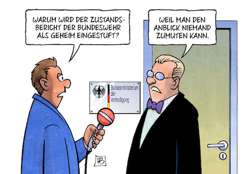 Cartoon: Zustandsbericht (medium) by Harm Bengen tagged zustandsbericht,bundeswehr,geheim,anblick,zumutung,verteidigungsministerium,interview,harm,bengen,cartoon,karikatur,zustandsbericht,bundeswehr,geheim,anblick,zumutung,verteidigungsministerium,interview,harm,bengen,cartoon,karikatur