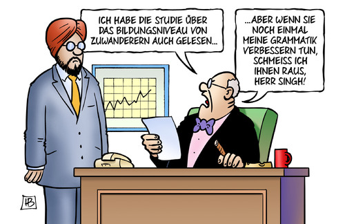 Cartoon: Zuwanderer-Bildung (medium) by Harm Bengen tagged studie,bildungsniveau,zuwanderer,migranten,bertelsmannstiftung,grammatik,harm,bengen,cartoon,karikatur,studie,bildungsniveau,zuwanderer,migranten,bertelsmannstiftung,grammatik,harm,bengen,cartoon,karikatur