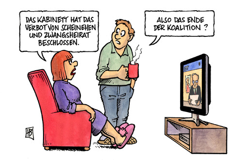 Cartoon: Zwangsheirat (medium) by Harm Bengen tagged zwangsheirat,scheinehe,integration,straftatbestand,kabinett,zustand,koalition,cdu,csu,fdp,streit,zank,tv,fernsehen,nachrichten,regierung,zwangsheirat,scheinehe,integration,straftatbestand,kabinett,zustand,koalition,cdu,csu,streit,zank,fernsehen,nachrichten,tv,kultur,tradition,religion