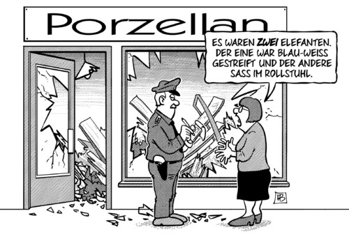 Cartoon: Zwei Elefanten (medium) by Harm Bengen tagged porzellan,porzellanladen,elefanten,rollstuhl,finanzen,grexit,kammenos,schaeuble,finanzminister,schulden,deutschland,institutionen,hilfe,griechen,eurozone,ezb,iwf,troika,eu,euro,europa,griechenland,harm,bengen,cartoon,karikatur