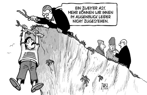 Cartoon: Zweiter Ast (medium) by Harm Bengen tagged zustimmung,regierung,kredit,hilfe,griechen,eurozone,ablehnen,ezb,iwf,troika,eu,euro,europa,griechenland,abhang,ast,finanzhilfe,harm,bengen,cartoon,karikatur