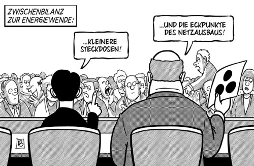 Cartoon: Zwischenbilanz Energiewende (medium) by Harm Bengen tagged zwischenbilanz,energiewende,steckdosen,eckpunkte,netzausbau,roesler,altmaier,wirtschaftsminister,umweltminister,bundesregierung,bundespressekonferenz,regierungskommission,karikatur,harm,bengen,cartoon