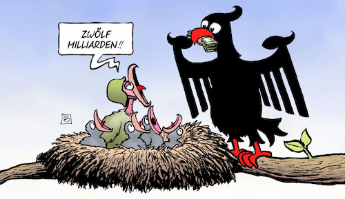 Cartoon: Zwölf Milliarden (medium) by Harm Bengen tagged zwölf,milliarden,rüstung,bundeswehr,staatshaushalt,vögel,füttern,nest,harm,bengen,cartoon,karikatur,zwölf,milliarden,rüstung,bundeswehr,staatshaushalt,vögel,füttern,nest,harm,bengen,cartoon,karikatur