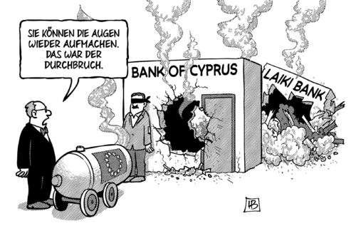 Cartoon: Zypern-Durchbruch (medium) by Harm Bengen tagged hilfsprogramm,rettung,erschiessung,bank,bankensektor,anleger,zypern,eu,europa,kleinsparer,abgabe,hilfspaket,schulden,staatsverschuldung,schwarzgeld,geldwaesche,kredite,rettungsschirm,troika,ezb,iwf,harm,bengen,cartoon,karikatur