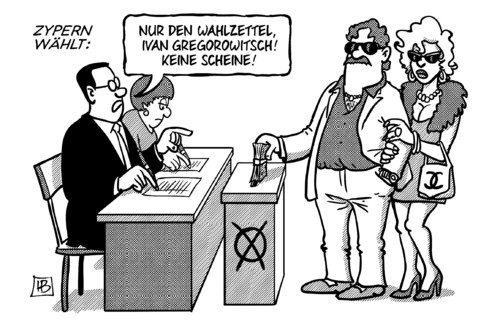 Cartoon: Zypernwahl (medium) by Harm Bengen tagged zypernwahl,zypern,wahl,wahlzettel,wahlurne,bestechung,korruption,scheine,geld,russen,schwarzgeld,eu,europa,rettungsschirm,banken,harm,bengen,cartoon,karikatur