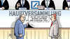 Cartoon: Dt. Bank-Hauptversammlung (small) by Harm Bengen tagged jain,fitschen,hauptversammlung,fussfessel,deutsche,bank,prozesse,gericht,verbrechen,kriminell,aktien,harm,bengen,cartoon,karikatur