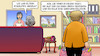 Cartoon: Einkaufstour (small) by Harm Bengen tagged einkaufstour,einkaufen,angela,merkel,joachim,sauer,aldi,orden,rewe,ehrendoktorwuerde,abschied,kanzlerin,amtszeit,regal,tv,harm,bengen,cartoon,karikatur