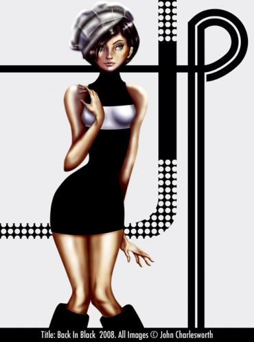 Cartoon: Back In Black (medium) by johncharlesworth tagged lady,woman,girl,pastiche,retro,sixties,fashion,white,black,seventies,circles,london,carnaby,street,model,tall,mini,skirt