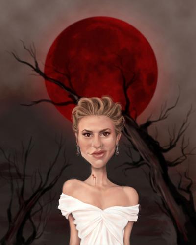 Cartoon: Anna Paquin (medium) by markdraws tagged anna,paquin,true,blood,vampires,vampire,horror,caricature,painting,digital,death,paint