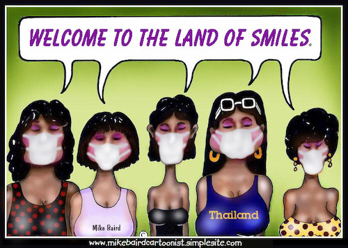 Cartoon: Welcome to the Land of Smiles. (medium) by Mike Baird tagged smile,covid,thailand,masks