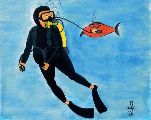 Cartoon: The diver and the fish (medium) by MelgiN tagged diver,fish,water,pollution,sea,underwater,diving,cartoon,the