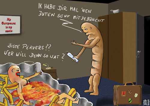 Cartoon: currywurst - Senf (medium) by Dadaphil tagged currywurst,berlin,coming,home,senf,mostard,ketchup