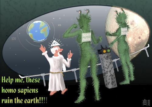 Cartoon: Homo Sapiens (medium) by Dadaphil tagged homo,sapiens,god,gott,spaceship,raumschiff,police,polizei,earth,erde