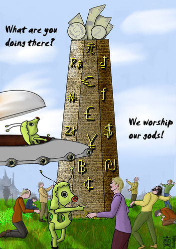 Cartoon: Humanity - Aliens 1 (medium) by Dadaphil tagged alien,money,tower,spaceship,ausserirdischer,geld,turm,worship,anbeten,raumschiff,dadaphil
