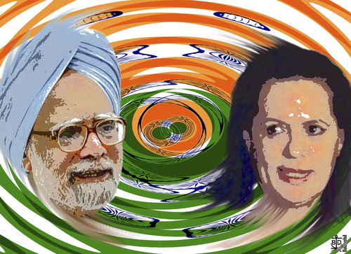 Cartoon: India in turbulent times! (medium) by Dadaphil tagged manmohan,singh,sonia,gandhi,india,indien,turbulent