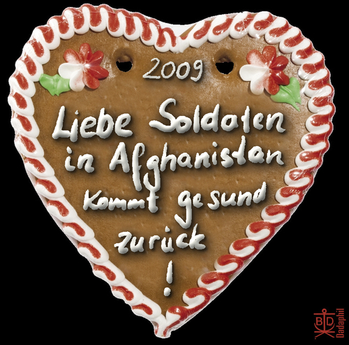 Cartoon: Lebkuchenherz (medium) by Dadaphil tagged oktoberfest,lebkuchen,soldaten,afghanistan