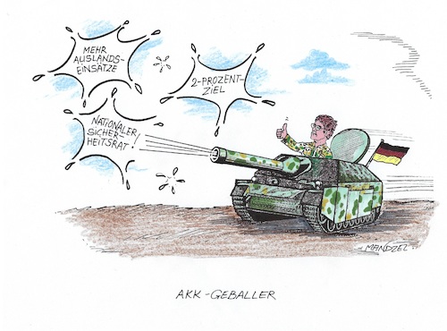 Cartoon: AKKs Schnellschüsse (medium) by mandzel tagged akk,sicherheitsrat,verteidigungsministerin,schnellschüsse,auslandseinsätze,akk,sicherheitsrat,verteidigungsministerin,schnellschüsse,auslandseinsätze