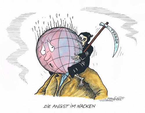 Cartoon: Angst im Nacken (medium) by mandzel tagged terror,angst,unbegreiflichkeit,hoffnungslosigkeit,terror,angst,unbegreiflichkeit,hoffnungslosigkeit