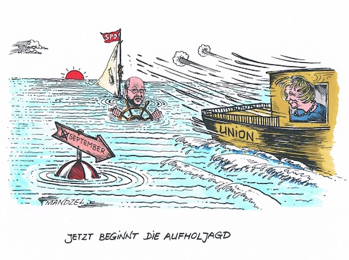 Cartoon: Aufholjagd (medium) by mandzel tagged schulz,kanzlerkandidat,spd,wahlen,chancensteigerung,hoffnung,merkel,mandzel,karikatur,schulz,kanzlerkandidat,spd,wahlen,chancensteigerung,hoffnung,merkel,mandzel,karikatur