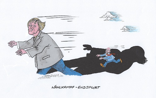 Cartoon: Aufholjagd (medium) by mandzel tagged kanzlerin,schulz,wahlkampf,union,spd,schattenläufer,aufholbedürfnis,kanzlerin,schulz,wahlkampf,union,spd,schattenläufer,aufholbedürfnis