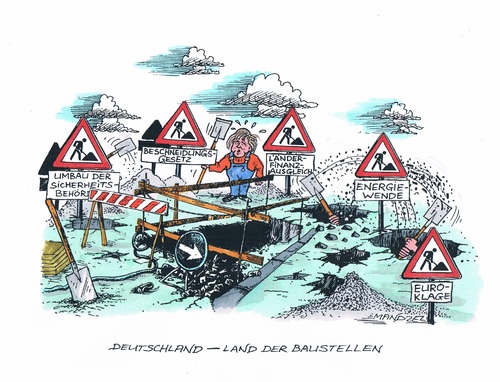 Cartoon: Baustelle Deutschland (medium) by mandzel tagged merkel,baustellen,ernergiewende,euro,klage,umbau,der,sicherheitsbehörden,beschneidungsgesetz,merkel,baustellen,ernergiewende,euro,umbau,beschneidungsgesetz