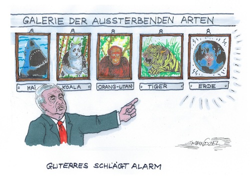 Cartoon: Bedrohte Arten (medium) by mandzel tagged guterres,artensterben,erde,klima,vegetation,umweltsünden,guterres,artensterben,erde,klima,vegetation,umweltsünden