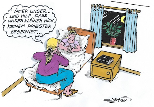 Cartoon: Bittgebet (medium) by mandzel tagged kirche,kindermissbrauch,lügen,vertuschungen,angst,priester,kirche,kindermissbrauch,lügen,vertuschungen,angst,priester