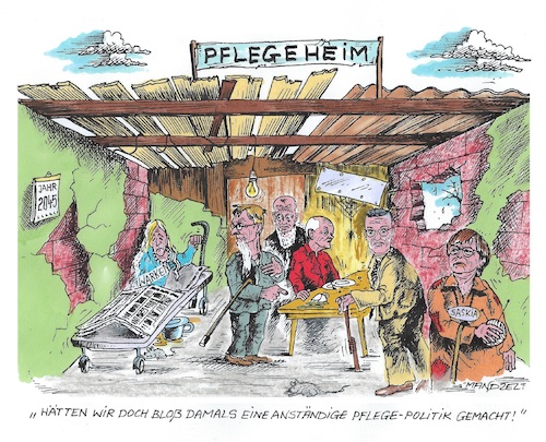 Cartoon: Bloß nicht an die Zukunft denken (medium) by mandzel tagged deutschland,regierungsunfähigkeit,pflege,finanzmangel,hilflosigkeit,chaos,deutschland,regierungsunfähigkeit,pflege,finanzmangel,hilflosigkeit,chaos
