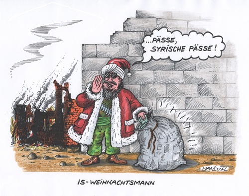 Cartoon: Böse Gaben (medium) by mandzel tagged is,syrien,irak,pässe,missbrauch,weihnachtsmann,flüchtlinge,is,syrien,irak,pässe,missbrauch,weihnachtsmann,flüchtlinge